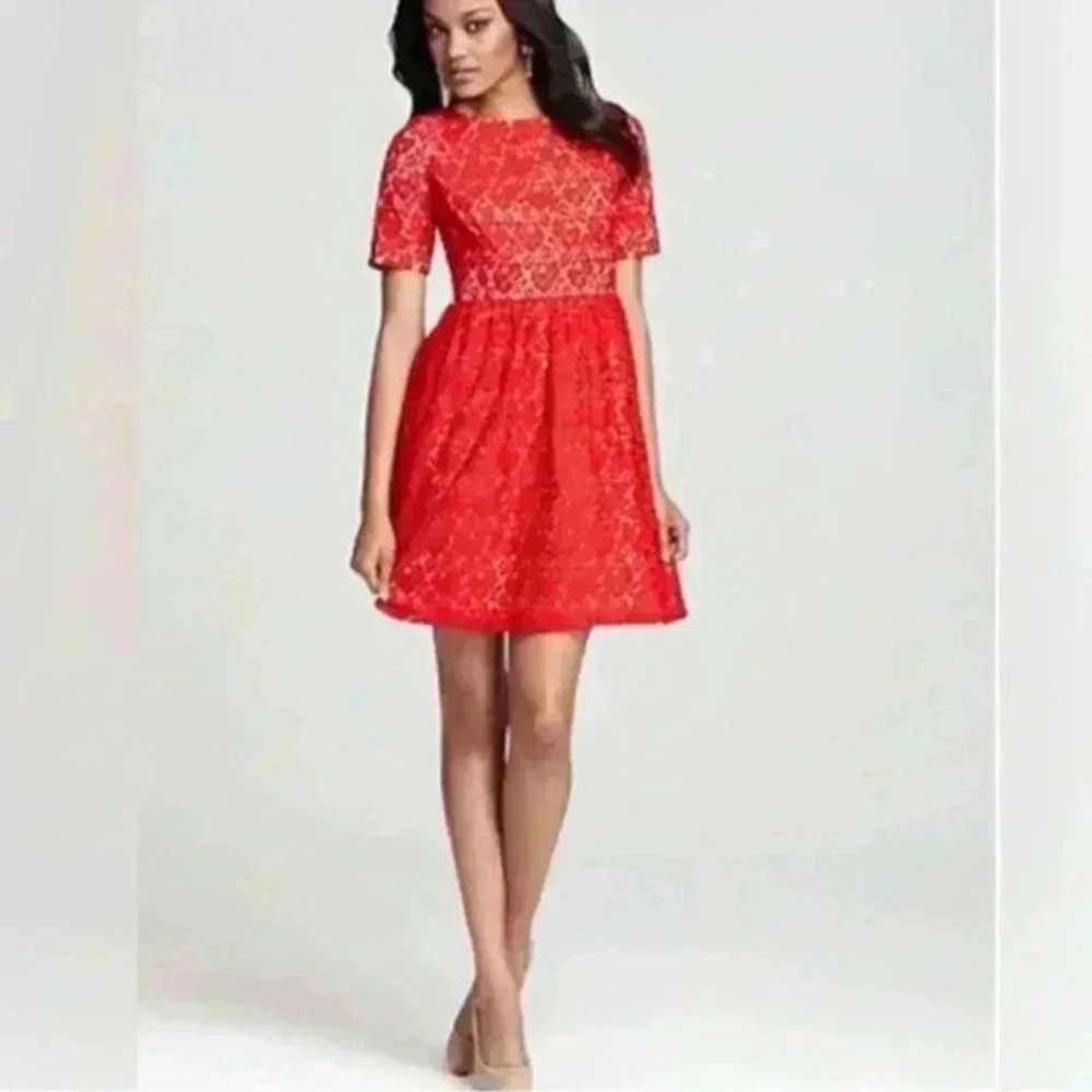 Adrianna Papell Midi Dress Lace Overlay Ruby Red‎ Flare Holiday Event Size 12